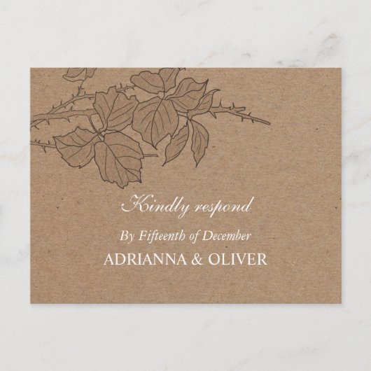 Invitation Carte Postale Rustic Kraft Papier Feuille Mariage Motif RSVP (Devant)