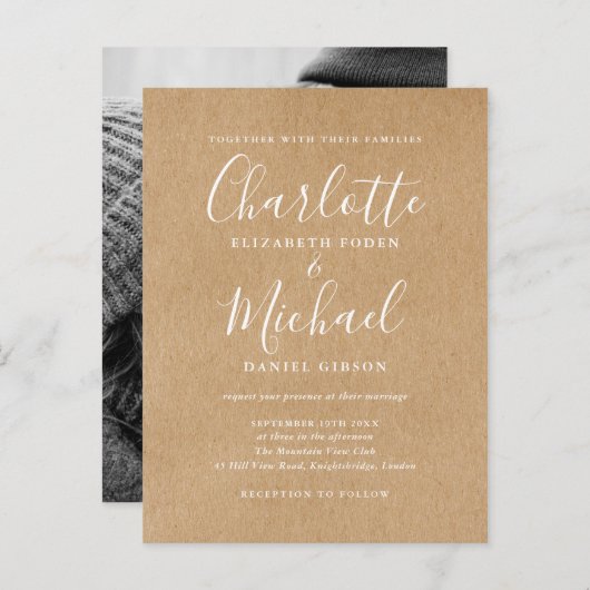 Invitation Carte Postale Rustic Kraft Signature Script Mariage photo (Devant / Derrière)