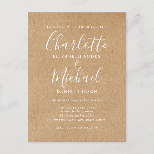 Invitation Carte Postale Rustic Kraft Signature Script Mariage photo (Devant)