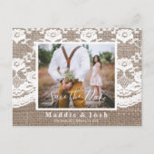 Invitation Carte Postale Rustic l Burlap et dentelle Enregistrer la date Ca (Devant)
