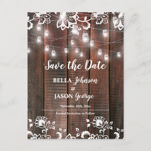 Invitation Carte Postale Rustic Lace String Lights Wedding Save The Date (Devant)