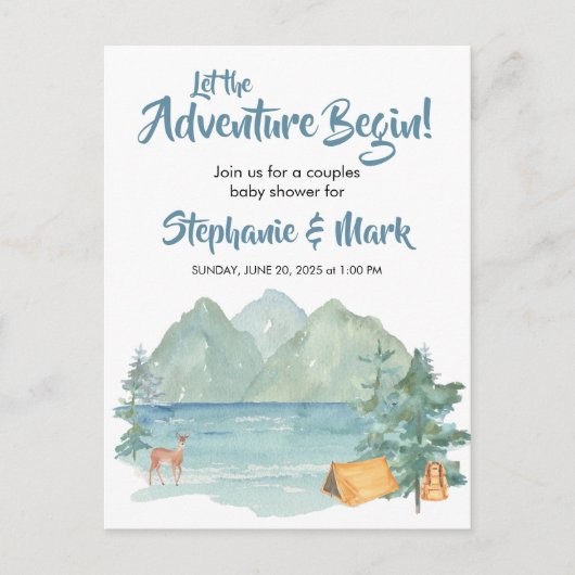 Invitation Carte Postale Rustic Mountains Watercolor Baby shower d'aventure (Devant)