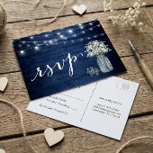 Invitation Carte Postale Rustic Navy Blue Baby's Breath String éclats RSVP