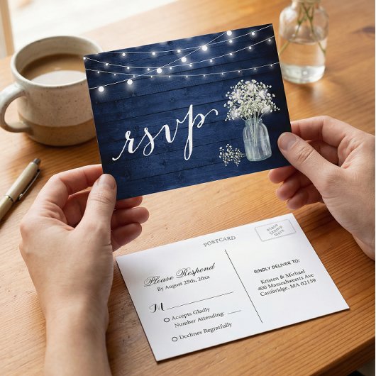 Invitation Carte Postale Rustic Navy Blue Baby's Breath String éclats RSVP