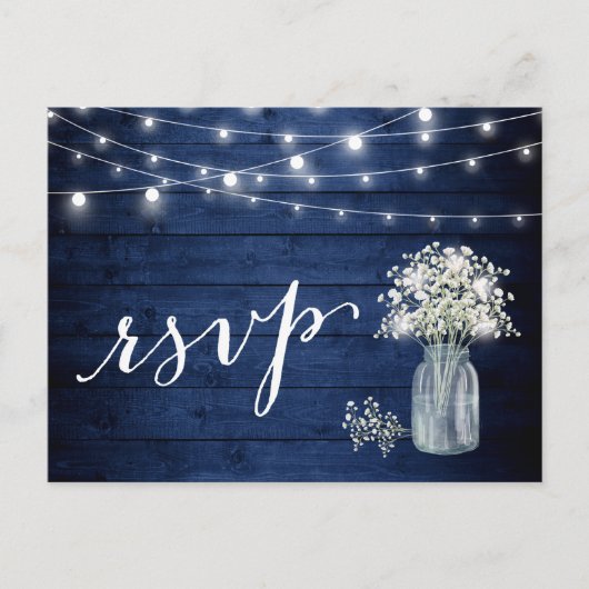 Invitation Carte Postale Rustic Navy Blue Baby's Breath String éclats RSVP (Devant)