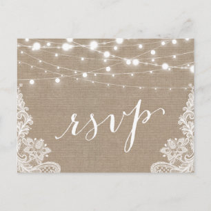 Invitation Carte Postale Rustic String Lights Burlap Lace Wedding RSVP