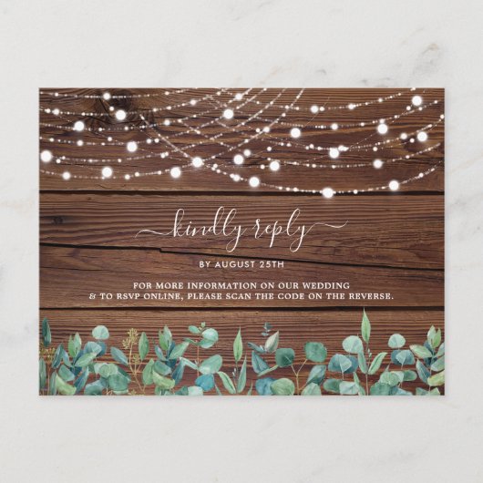 Invitation Carte Postale Rustic String Lights QR Code Wedding RSVP (Devant)