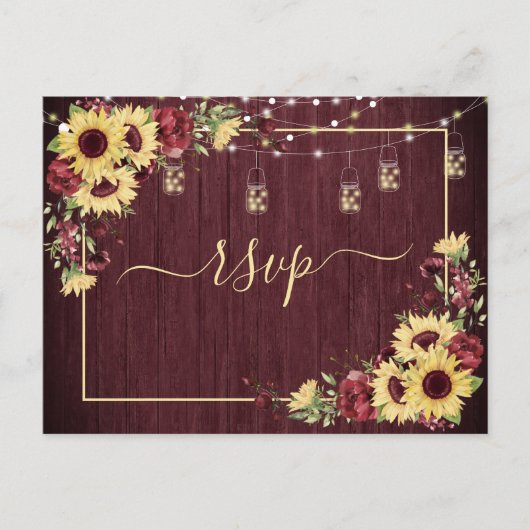 Invitation Carte Postale Rustic Sunflower Burgundy Wood Floral (Devant)