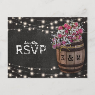 Invitation Carte Postale Rustic Winery rose Floral Lumières Mariage RSVP