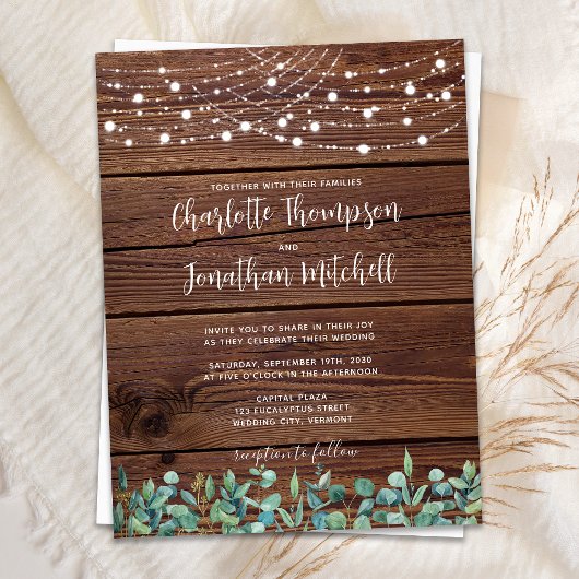 Invitation Carte Postale Rustic Wood String Lights Eucalyptus Wedding Invit