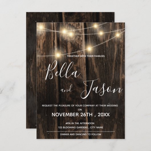 Invitation Carte Postale Rustic Wood With String Lights Wedding Invite (Devant / Derrière)