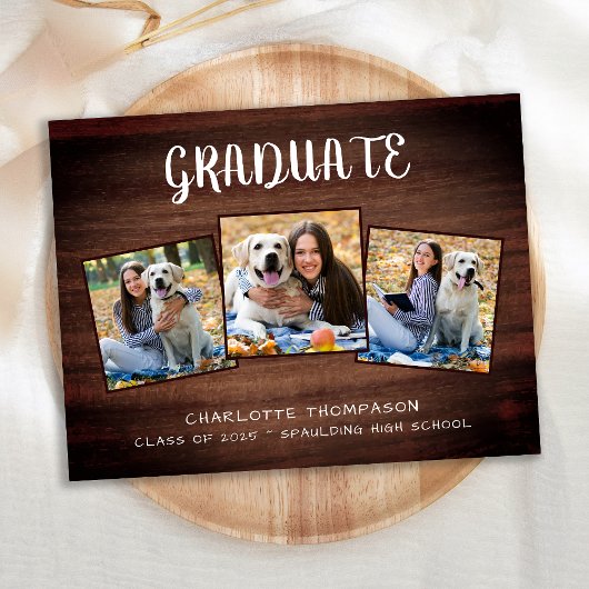 Invitation Carte Postale Rustique 3 Photo Bois Graduation