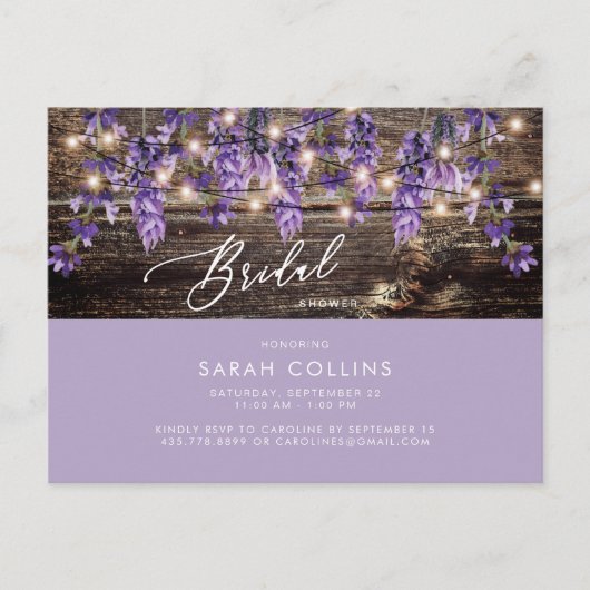 Invitation Carte Postale Rustique Aquarelle Lavande nuptiale Rustique douch (Devant)