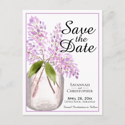 Invitation Carte Postale Rustique aquarelle Lilacs mariage Enregistrer la d (Devant)