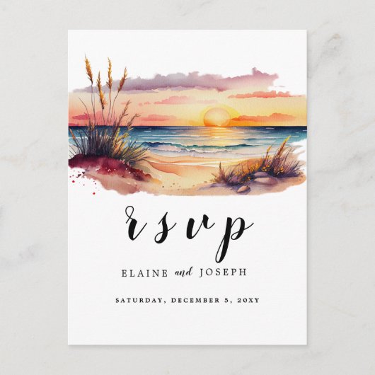 Invitation Carte Postale Rustique aquarelle Sunset Beach Mariage de mer Rsv (Devant)