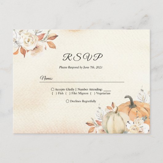 Invitation Carte Postale Rustique Automne Orange Citrouilles & Fleurs (Devant)