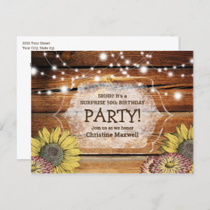 Invitation Carte Postale Rustique Barnwood Surprise tournesol 50e anniversa