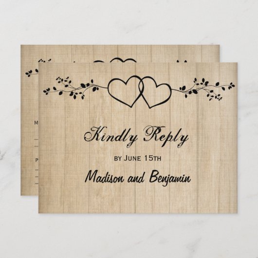Invitation Carte Postale Rustique Bois Double Coeurs Mariage RSVP POSTCARDS (Devant / Derrière)