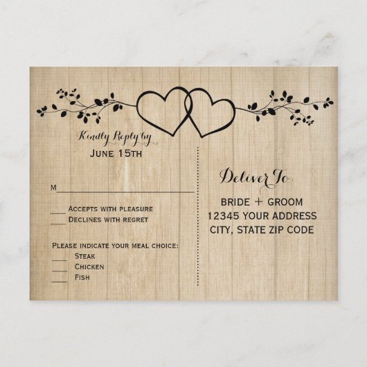 Invitation Carte Postale Rustique Bois Double Coeurs Mariage RSVP POSTCARDS (Dos)