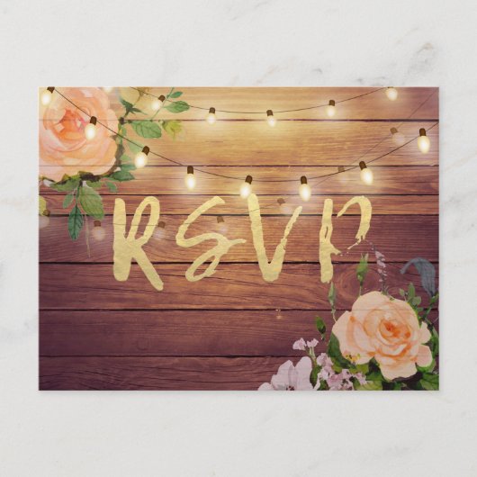 Invitation Carte Postale Rustique Bois Floral String Lumière Mariage RSVP R (Devant)