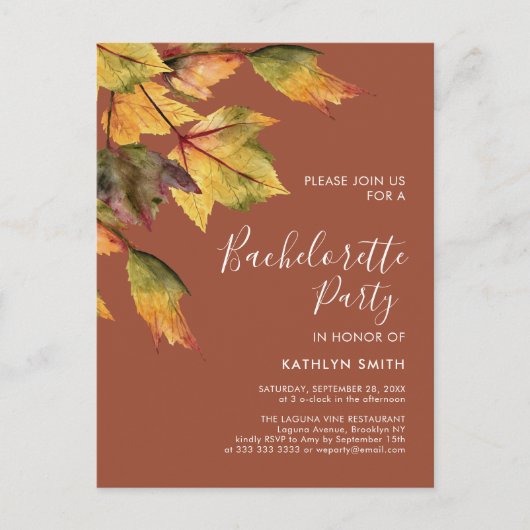 Invitation Carte Postale Rustique Brown Autumn Foliage Bachelorette Party (Devant)