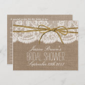 Invitation Carte Postale Rustique Burlap Lace Twine Bow Fête des mariées Re (Devant / Derrière)