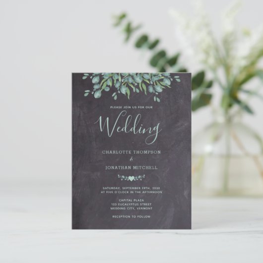 Invitation Carte Postale Rustique Chalkboard Vert Eucalyptus Mariage (Debout devant)
