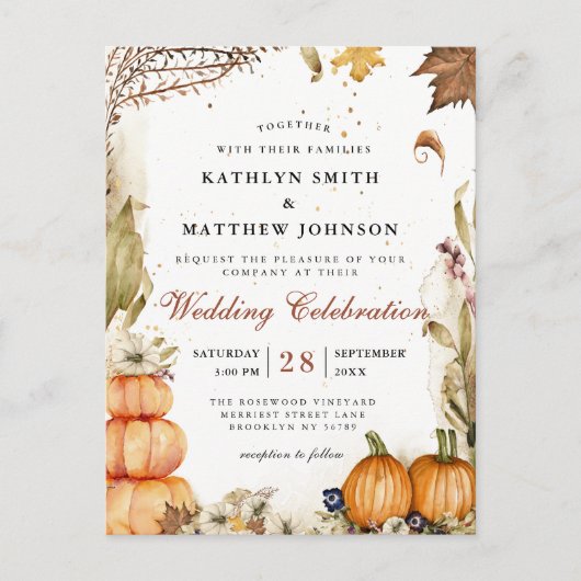 Invitation Carte Postale Rustique Citrouille Botanique Automne Mariage code (Devant)