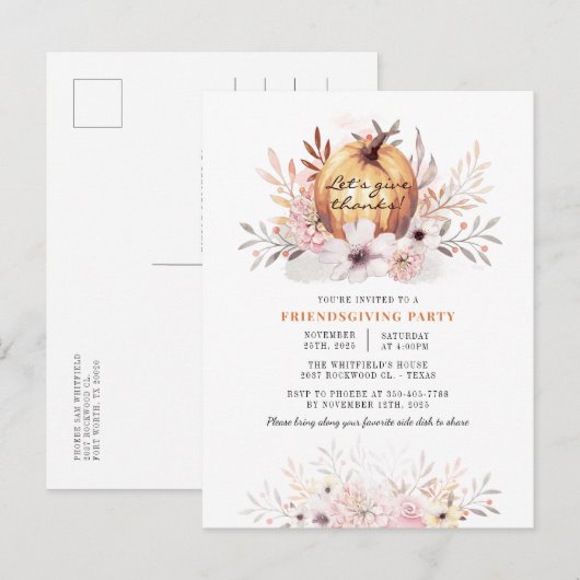Invitation Carte Postale Rustique Friendsgiving Floral Fall Feuilles Citrou (Devant / Derrière)
