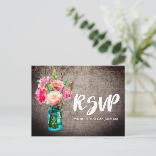 Invitation Carte Postale Rustique Mason Jar avec Fleurs Demande de Chanson (Debout devant)