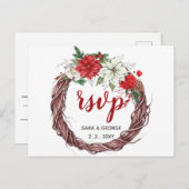 Invitation Carte Postale Rustique Poinsettia Hiver Foliage Pine cône rsvp (Devant / Derrière)