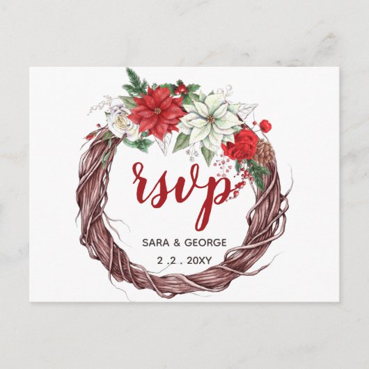 Invitation Carte Postale Rustique Poinsettia Hiver Foliage Pine cône rsvp (Devant)