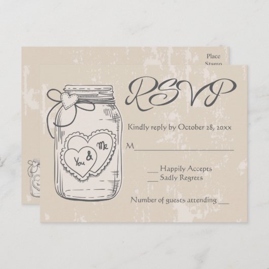 Invitation Carte Postale Rustique RSVP Mason Coeurs Jar Brown Tan Mariage (Devant / Derrière)