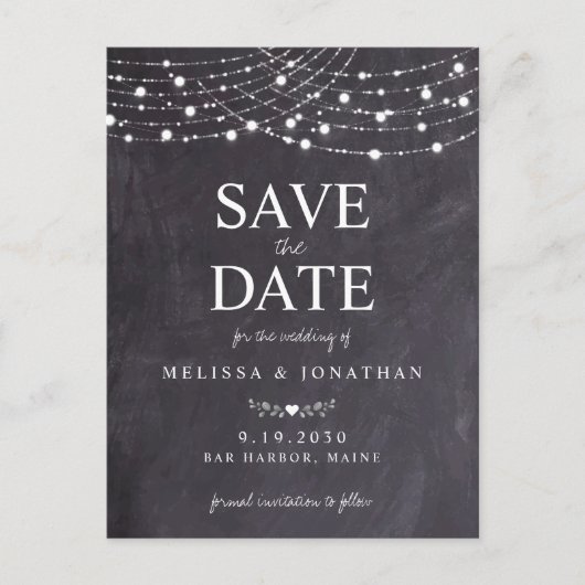 Invitation Carte Postale Rustique String Lights Slate Chalkboard Mariage En (Devant)
