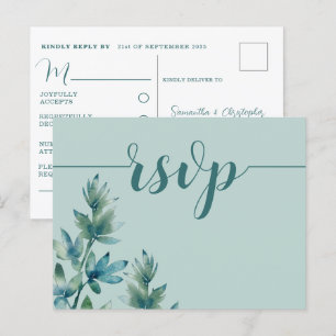 Invitation Carte Postale Rustique Turquoise aquarelle Foliage Mariage RSVP