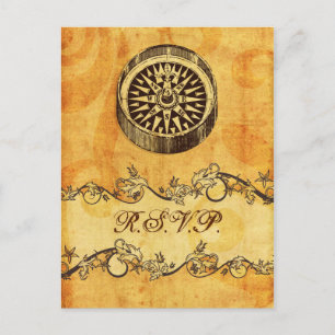 Invitation Carte Postale rustique, vintage, boussole mariage nautique rsvp