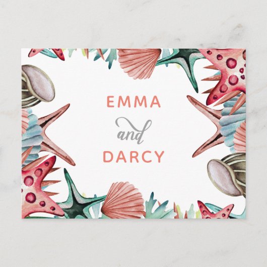 Invitation Carte Postale Rustique Watercolor Seashells Starfish Beach Maria (Devant)