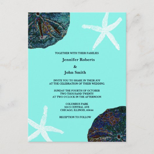 Invitation Carte Postale Sable Dollar Sea Shells Turquoise Abstrait Beach W (Devant)