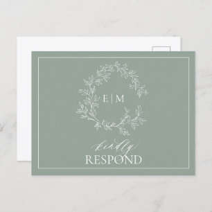 Invitation Carte Postale Sage Green Crest Monogramme Mariage RSVP
