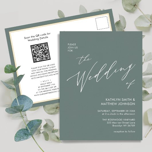 Invitation Carte Postale Sage Green QR Code Tout en un Mariage moderne