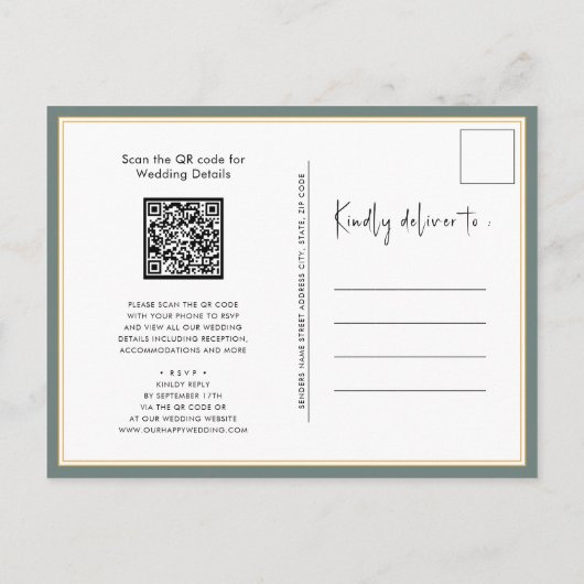 Invitation Carte Postale Sage Green QR Code Tout en un Mariage moderne (Dos)