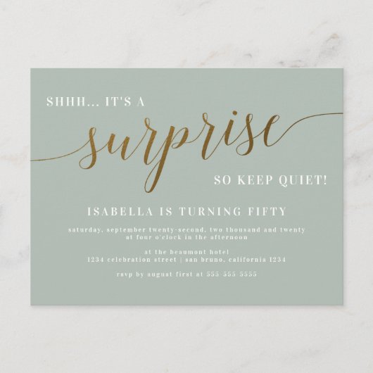 Invitation Carte Postale Sage moderne & Gold Script Surprise fête d'anniver (Devant)