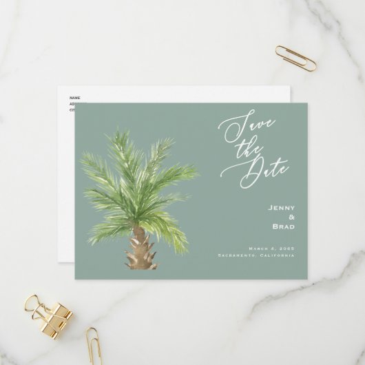 Invitation Carte Postale Sage moderne Tropical Foliage Mariage Enregistrer  (Devant/Arrière en situation)