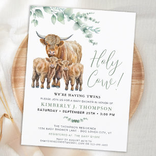 Invitation Carte Postale Saint-Vache Twins Highland Calf Baby shower de ver