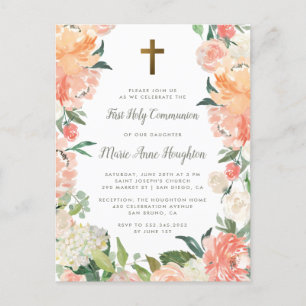 Invitation Carte Postale Sainte communion de pivoines et de roses