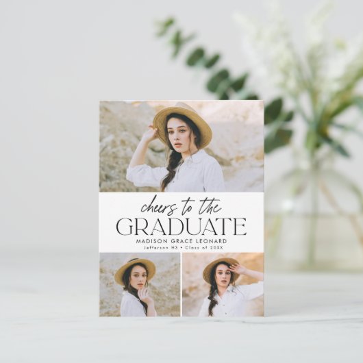 Invitation Carte Postale Salutations au Grad Script 3 Photo Graduation Part (Debout devant)