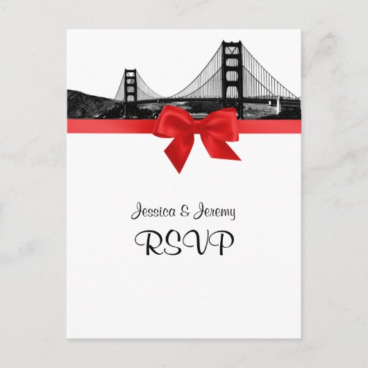Invitation Carte Postale San Fran Skyline Etched BW Red RSVP 1 (Devant)