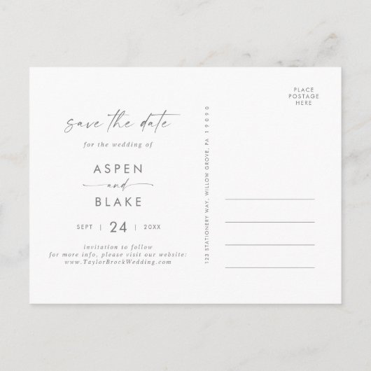 Invitation Carte Postale Script Argent moderne Horizontal Enregistrer la da (Dos)