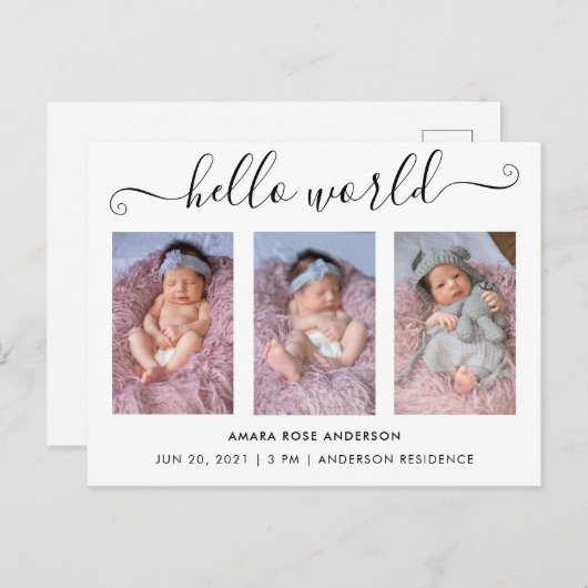 Invitation Carte Postale Script Calligraphie 3 Photo Hello World Birth (Devant / Derrière)