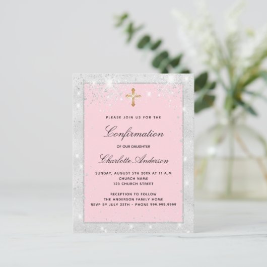 Invitation Carte Postale Script croisé parties scintillant rose argent (Debout devant)